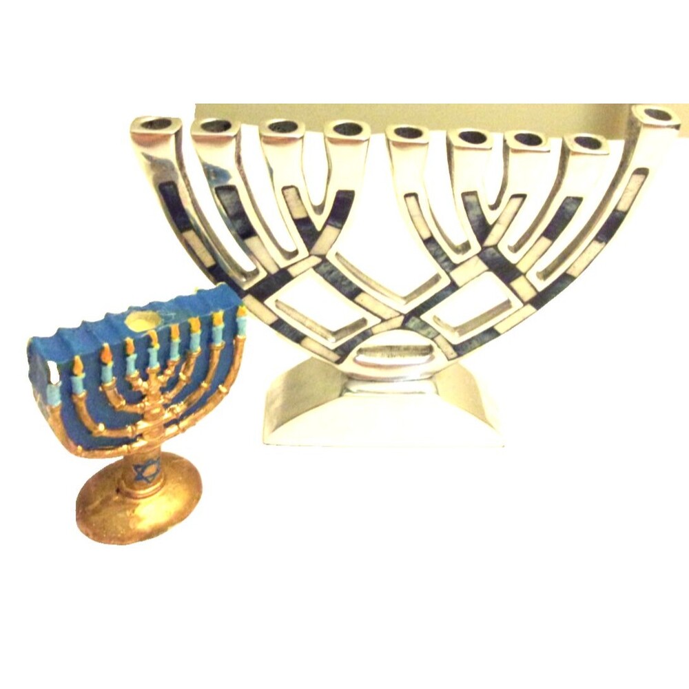 Menorah Silver Blue White Enamel Inlays + Ceamic Decoration Hanukkah Chanukah